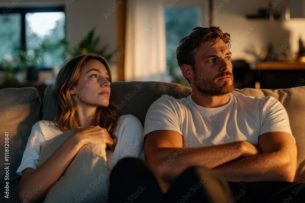 A couple sits on a couch, facing away from each other, displaying signs of tension and emotional distance, highlighting relationship struggles in a cozy living room setting. A couple sits on a couch, facing away from each other, displaying signs of tension and emotional distance, highlighting relationship struggles in a cozy living room setting.