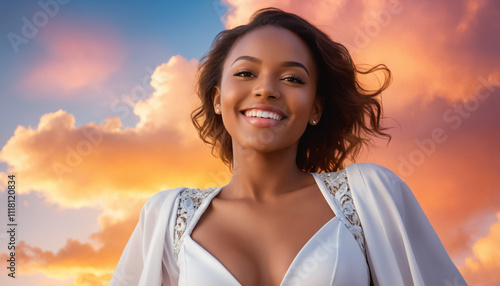 Black woman in white dress at sunset with colorful clouds 