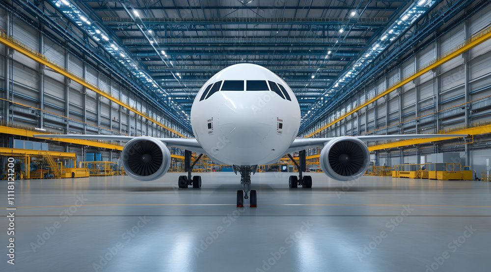 A modern airplane stands in a spacious hangar, illuminated by bright lights, showcasing its sleek design and advanced engineering. A modern airplane stands in a spacious hangar, illuminated by bright lights, showcasing its sleek design and advanced engineering.