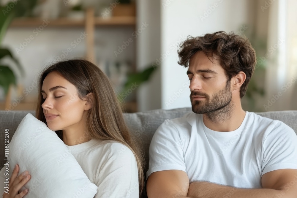 A serene yet contrasting scene with a couple sitting silently on a couch, embodying different emotional states while holding pillows, indicating a complex relationship dynamic. A serene yet contrasting scene with a couple sitting silently on a couch, embodying different emotional states while holding pillows, indicating a complex relationship dynamic.
