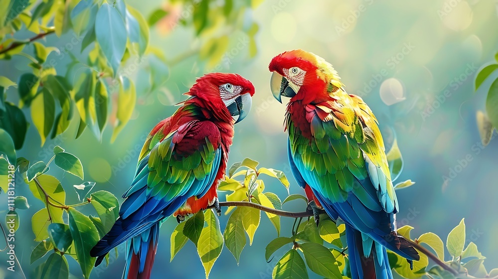 This absolutely exquisite sight features two parrots close to a green tree This absolutely exquisite sight features two parrots close to a green tree