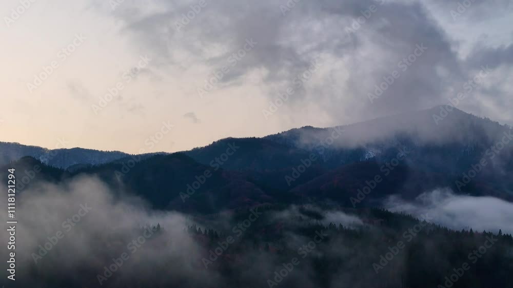 霧に包まれた山　雨に濡れた森林　空撮　自然風景
