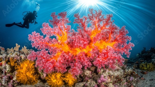 The sight of a diver amidst the vibrant coral reef illustrates the boundless opportunity to explore the mysteries of the deep.