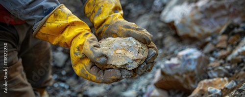 A miner, wearing yellow gloves, holds a rough-hewn rock, demonstrating the laborious process of mining and the hardworking spirit of those in the quarry industry