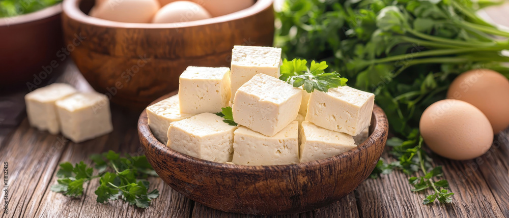 Fresh tofu cubes sit in a wooden bowl, surrounded by eggs and green herbs, showcasing ingredients for healthy cooking. Fresh tofu cubes sit in a wooden bowl, surrounded by eggs and green herbs, showcasing ingredients for healthy cooking.