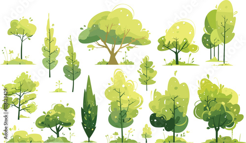 Collection of Green Trees and Bushes - Vector Illustration