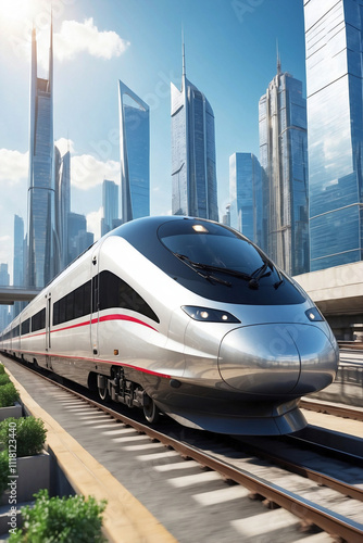 High-Speed Train Against the Backdrop of a Beautiful City on a Sunny Day