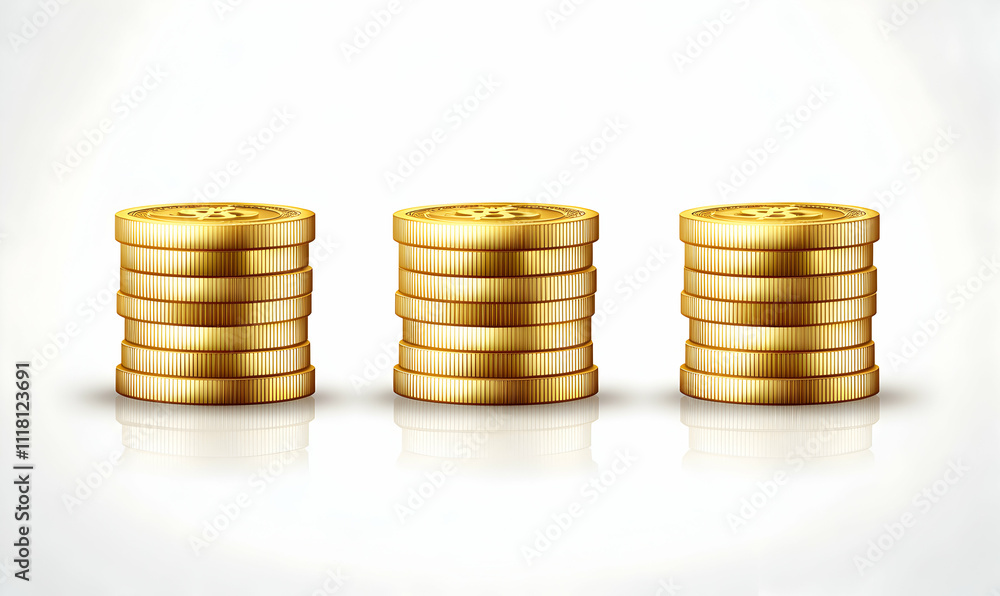 Three stacks of gleaming gold coins, symbolizing wealth, prosperity, and financial success. Ideal for business, finance, and investment concepts. Three stacks of gleaming gold coins, symbolizing wealth, prosperity, and financial success. Ideal for business, finance, and investment concepts.