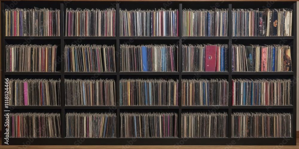 A collection of vinyl records neatly organized on shelves. A collection of vinyl records neatly organized on shelves.