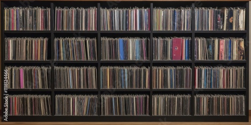A collection of vinyl records neatly organized on shelves.
