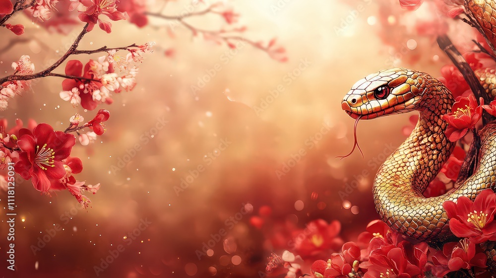 Golden snake coiled among vibrant cherry blossoms, bathed in warm light, creating symbolic harmony between nature and oriental aesthetics. Golden snake coiled among vibrant cherry blossoms, bathed in warm light, creating symbolic harmony between nature and oriental aesthetics.
