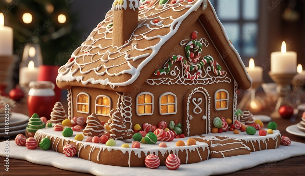 Naklejka premium Decorative Gingerbread House with Holiday Candies and Warm Lighting