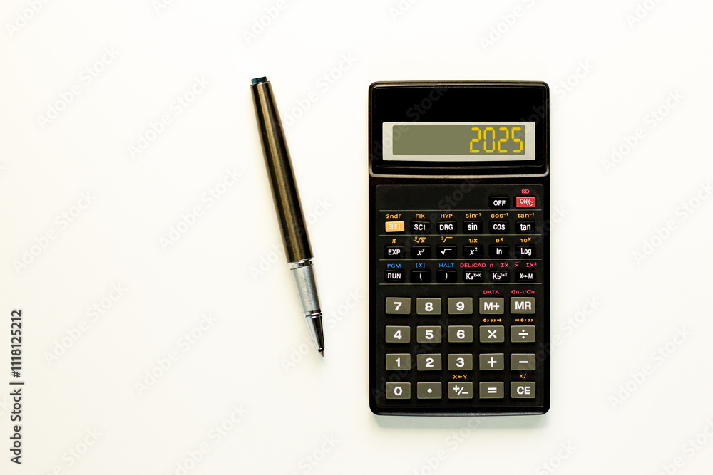 Business concept of 2025 new year symbol. Beautiful black calculator with number 2025. Beautiful white background, copy space. Beautiful black pen. Business 2025 happy new year concept. Business concept of 2025 new year symbol. Beautiful black calculator with number 2025. Beautiful white background, copy space. Beautiful black pen. Business 2025 happy new year concept.