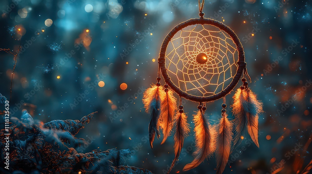 Obraz premium Dreamcatcher glowing softly in moonlight, with illuminated feathers and faint, colorful dream threads floating around, creating a whimsical atmosphere.
