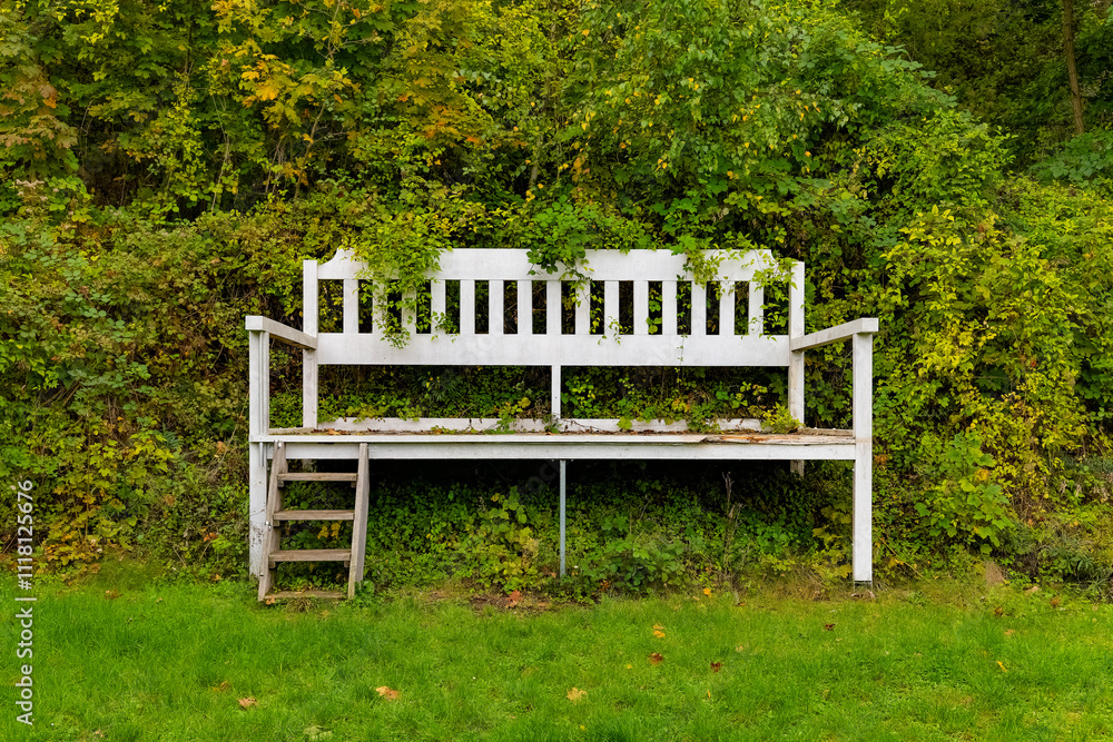 A charming white bench sits against a lush green backdrop, partially covered by creeping foliage. Its rustic look invites relaxation in nature. A charming white bench sits against a lush green backdrop, partially covered by creeping foliage. Its rustic look invites relaxation in nature.