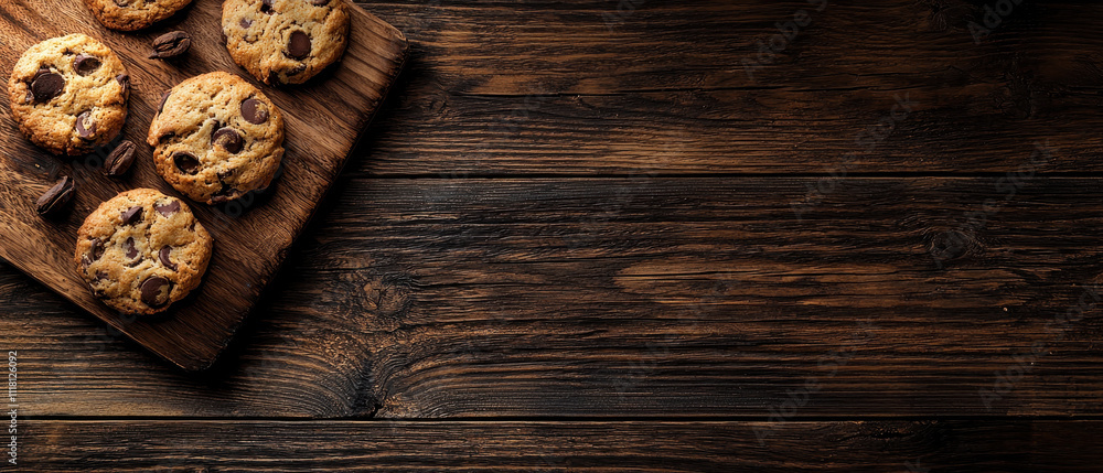Freshly baked cookies on a wooden board, showcasing a delicious treat perfect for any occasion. Freshly baked cookies on a wooden board, showcasing a delicious treat perfect for any occasion.