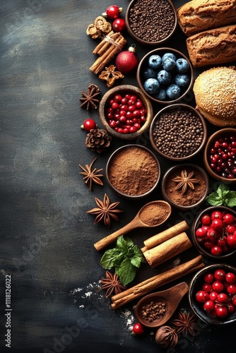 hyper realistic photo of  Culinary background with christmas winter spices and ingredients for baking