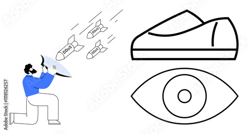 Man kneels with shield fending off dog-labeled missiles. Nearby, a shoe and an eye symbol are visible. Ideal for themes like protection, defense, security, vigilance, resilience, awareness