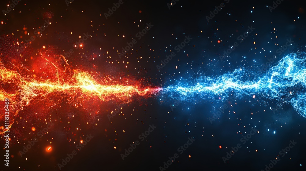 Red and blue energy beams colliding in dynamic abstract scene, symbolizing power, technology, and conflict. Red and blue energy beams colliding in dynamic abstract scene, symbolizing power, technology, and conflict.