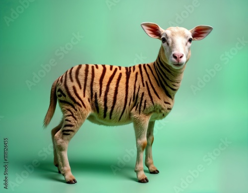 Cute sheep with tiger print fur stands against mint green background. Creative animal design concept. Modern, unexpected animal image. Perfect for trendy wallpaper fashion industry. Illustration fun, photo