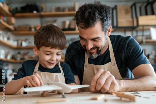 Capturing heartwarming moments, a father shares genuine smiles with his son while building airplane models together, fostering creativity and happiness in their workshop environment. photo