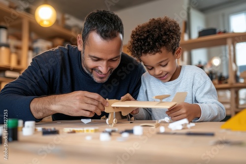 This image captures a playful moment of a dad assisting his son in assembling a wooden airplane model, celebrating creativity and the importance of quality time together. photo