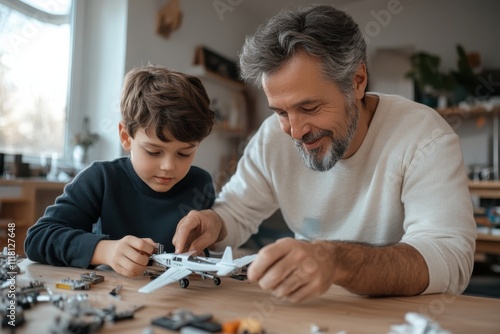 In this heartwarming scene, a grandson is seen building a model airplane with his grandfather, illustrating the joy of creative learning and the importance of generational bonding. photo