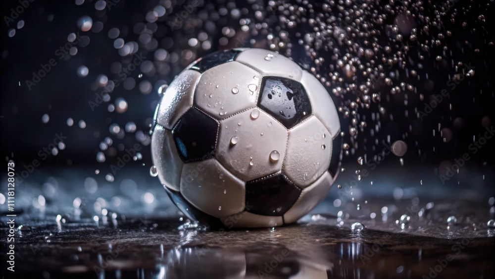 Fototapeta premium A Wet Soccer Ball With Droplets of Water on Black Background