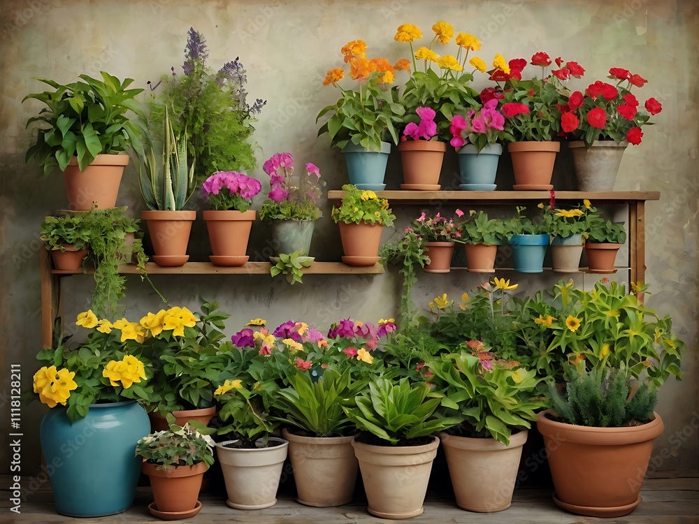 Colorful Potted Plants Arranged On Wooden Shelves Colorful Potted Plants Arranged On Wooden Shelves