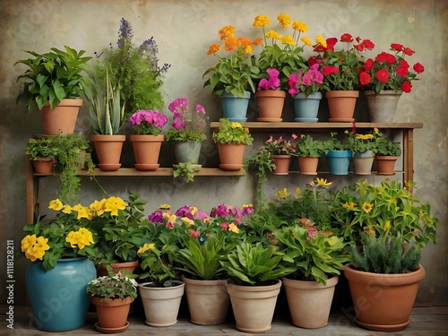 Colorful Potted Plants Arranged On Wooden Shelves