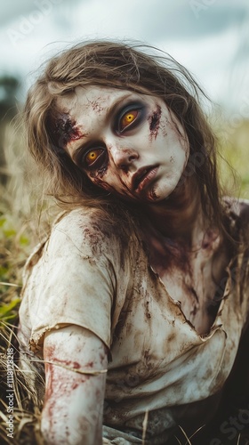 Zombie woman. Post-apocalyptic makeup. Horror. Holiday. Traditions.