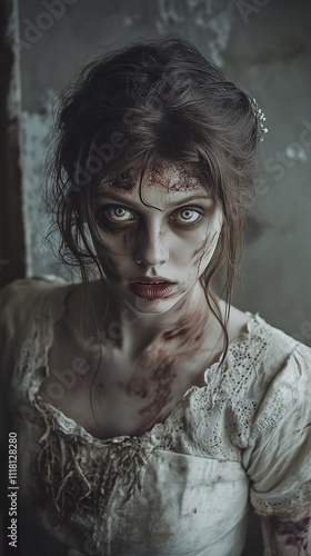 Zombie woman. Post-apocalyptic makeup. Horror. Holiday. Traditions.