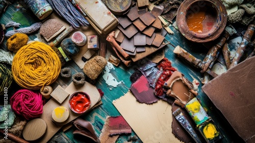 A vibrant collection of art supplies and materials scattered on a work surface.