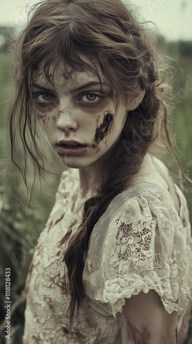 Zombie woman. Post-apocalyptic makeup. Horror. Holiday. Traditions.