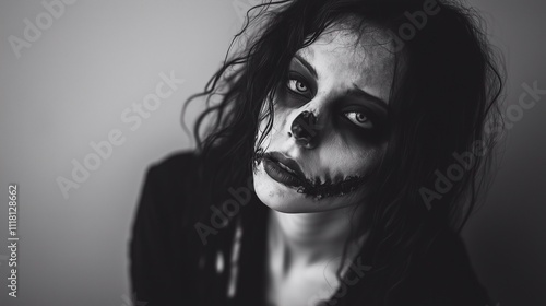 Zombie woman. Post-apocalyptic makeup. Horror. Holiday. Traditions.