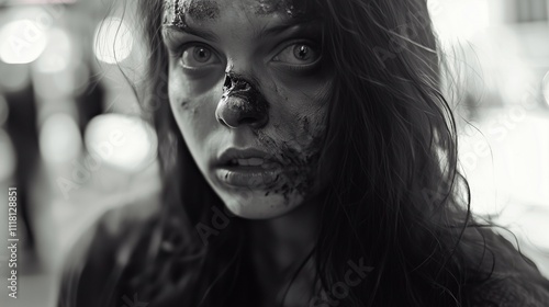 Zombie woman. Post-apocalyptic makeup. Horror. Holiday. Traditions.