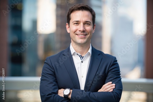 Smiling Businessman in Navy Suit with Urban Background 