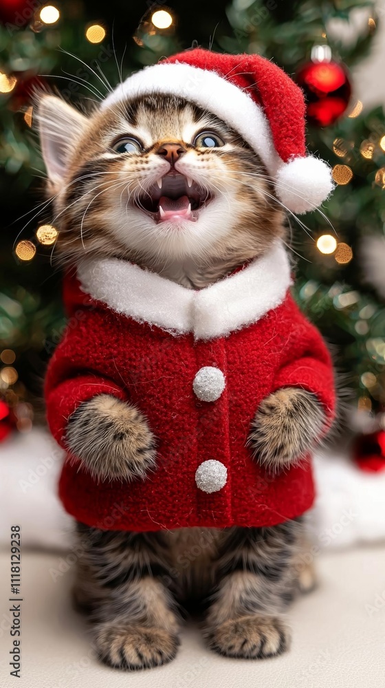 hyper realistic photo of Xmas vibes - christmas mood - happy funny cute mainecoon cat kitty wearing santa claus hat in front of christmas tree hyper realistic photo of Xmas vibes - christmas mood - happy funny cute mainecoon cat kitty wearing santa claus hat in front of christmas tree