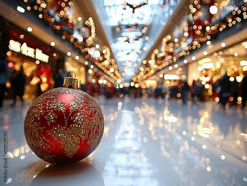 seamless of  Busy holiday shopping mall with decorated storefronts, holiday crowds, bustling atmosphere photo