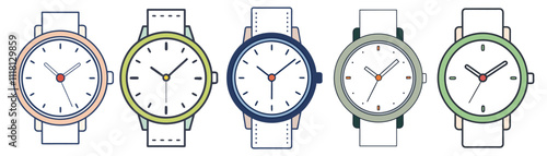 A Row of Five Wristwatches With Different Colored Straps and Dials