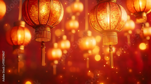 Soft abstract image of golden lanterns floating against a red backdrop with ample copy space on the right. concept as Golden lanterns softly glowing ascending on a rich red background adorned with sub