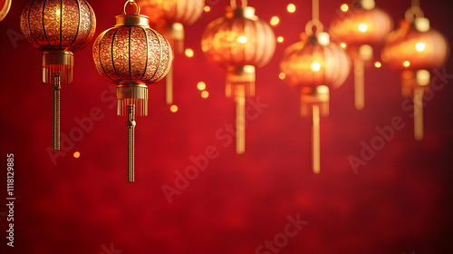Soft abstract image of golden lanterns floating against a red backdrop with ample copy space on the right. concept as Golden lanterns softly glowing ascending on a rich red background adorned with sub
