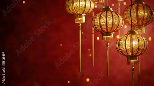 Soft abstract image of golden lanterns floating against a red backdrop with ample copy space on the right. concept as Golden lanterns softly glowing ascending on a rich red background adorned with sub