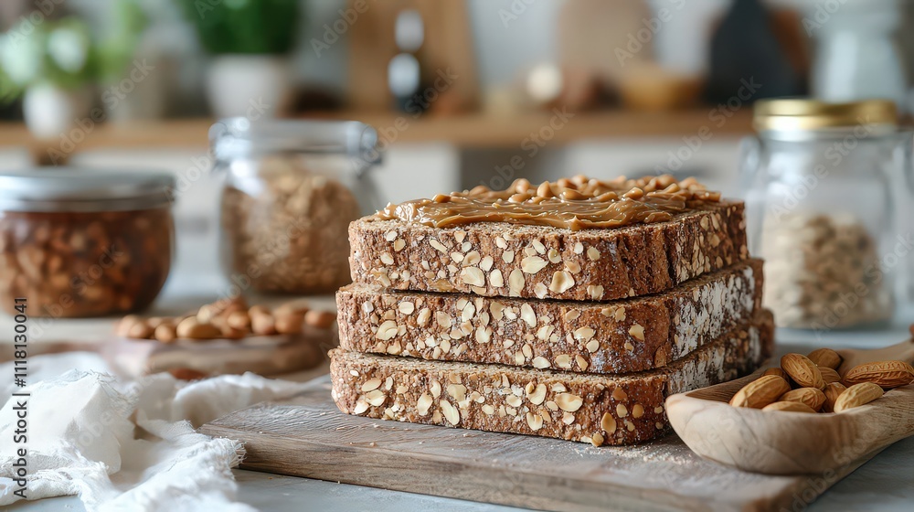 Crunchy peanut butter spread thickly over whole-grain bread slice, with visible peanut pieces in rustic kitchen setting for hearty and natural aesthetic. Crunchy peanut butter spread thickly over whole-grain bread slice, with visible peanut pieces in rustic kitchen setting for hearty and natural aesthetic.