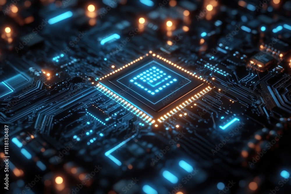 Obraz premium A high-tech image focusing on a glowing microchip centered on a complex circuit board