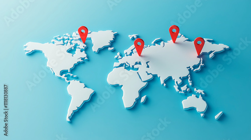 Exploring global connections through a creative 3D world map displaying vibrant red pins on a soothing blue backdrop illuminated by white accents