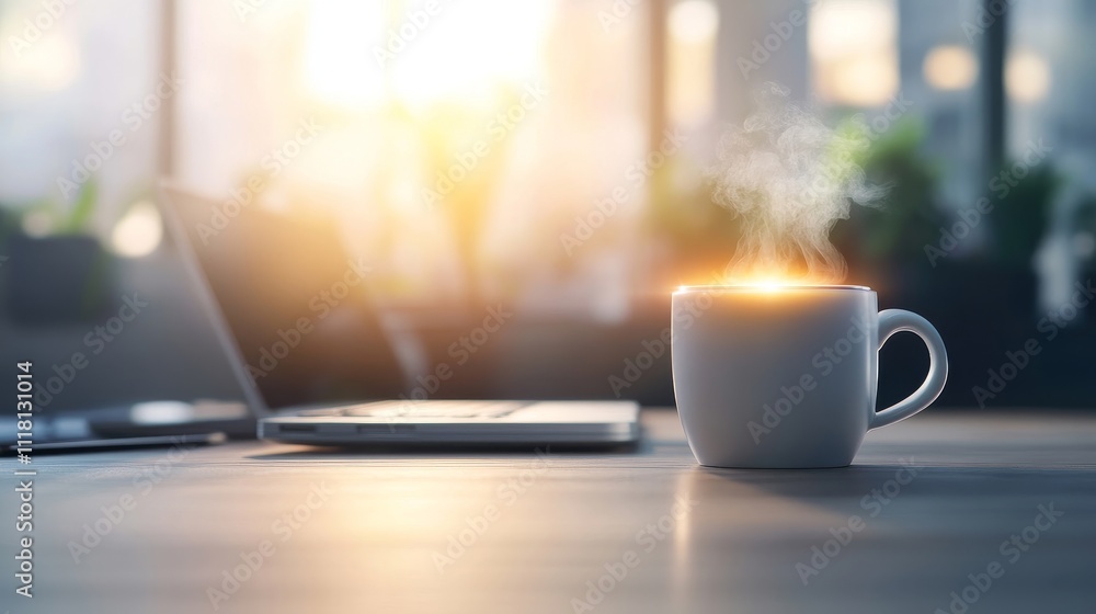 A white coffee cup sits on a table next to a laptop A white coffee cup sits on a table next to a laptop