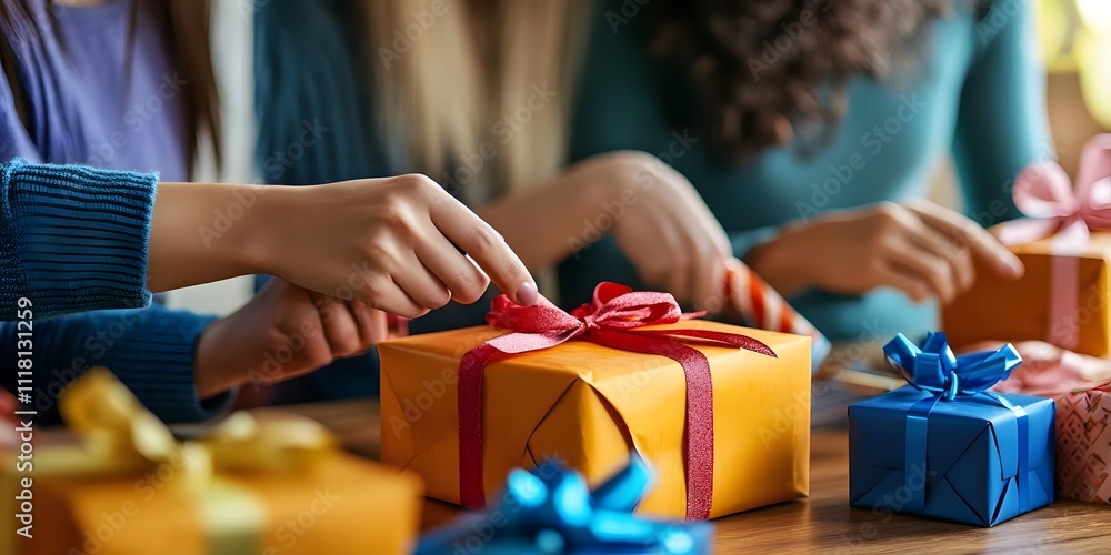 A group of people wrapping colorful gifts with ribbons for a celebration.
