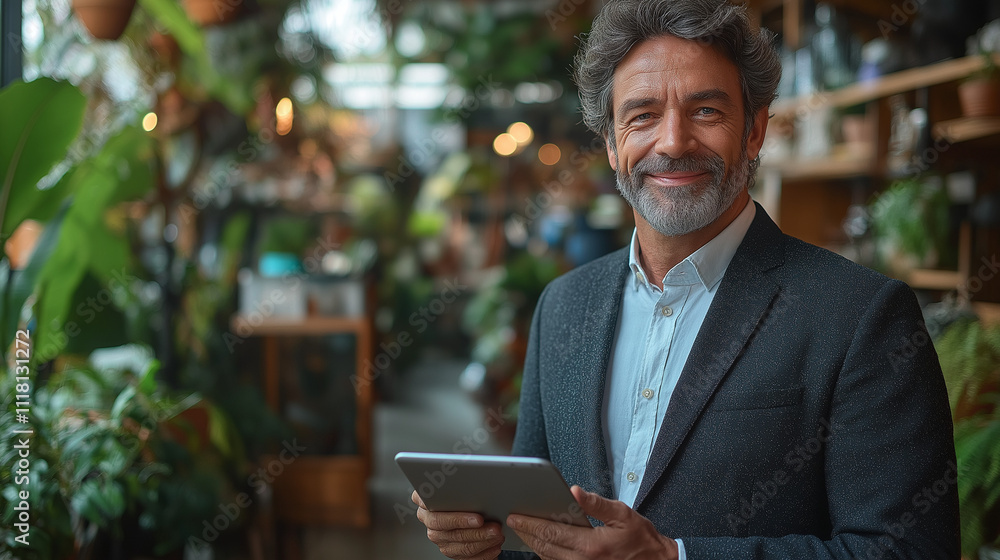 Middle aged man manager using digital device app. Technology business application. Middle aged man manager using digital device app. Technology business application.
