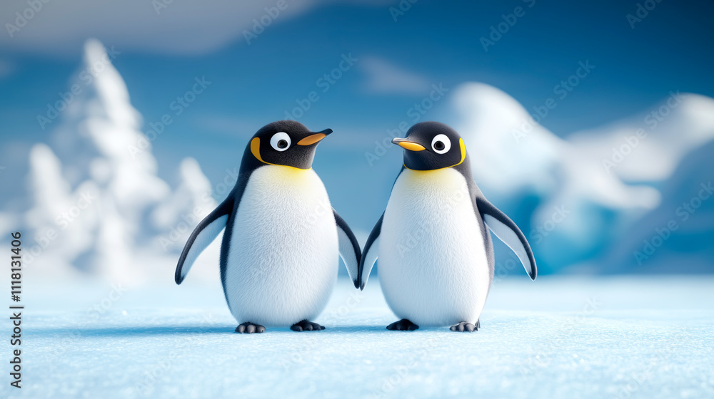 Fototapeta premium Penguins sharing a tender moment on a winter afternoon in a serene icy landscape highlighting their unique bond